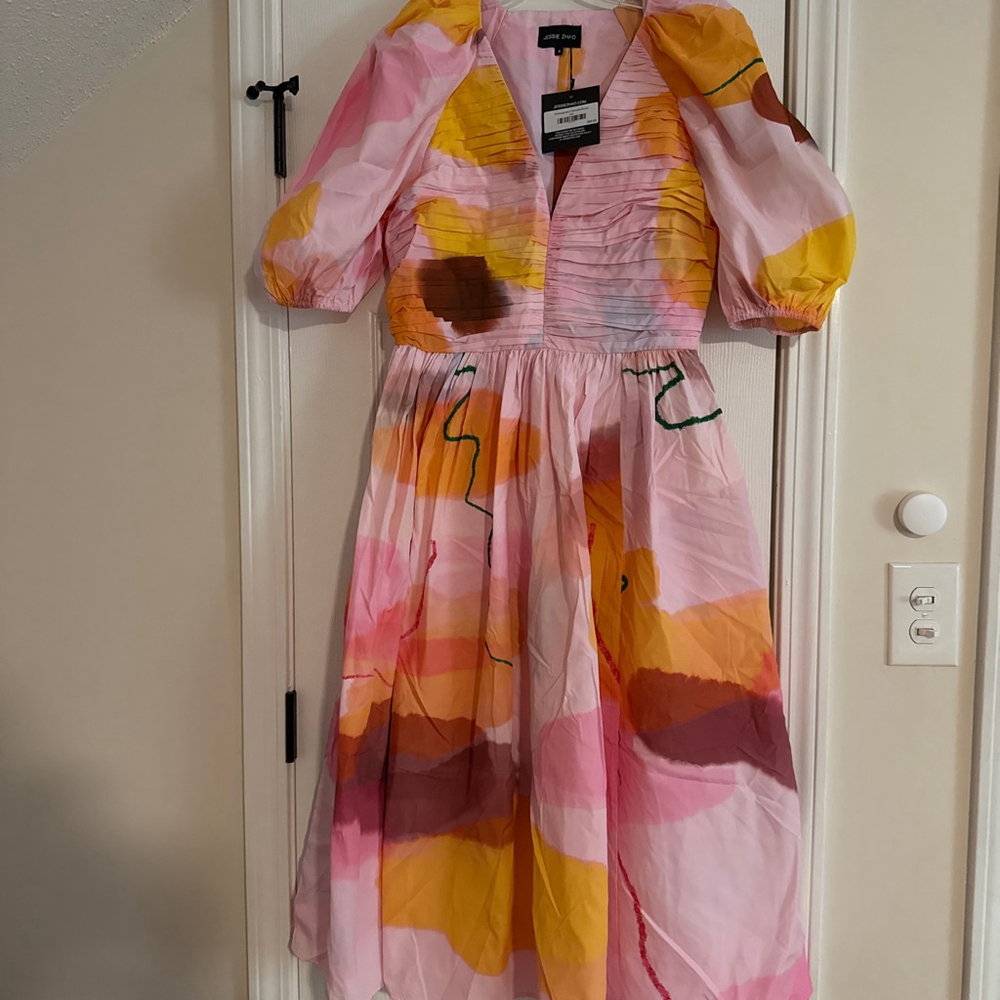 Women's JESSIE ZHAO Pinkmagination Taffeta Midi Dress Size 4 Pink Yellow